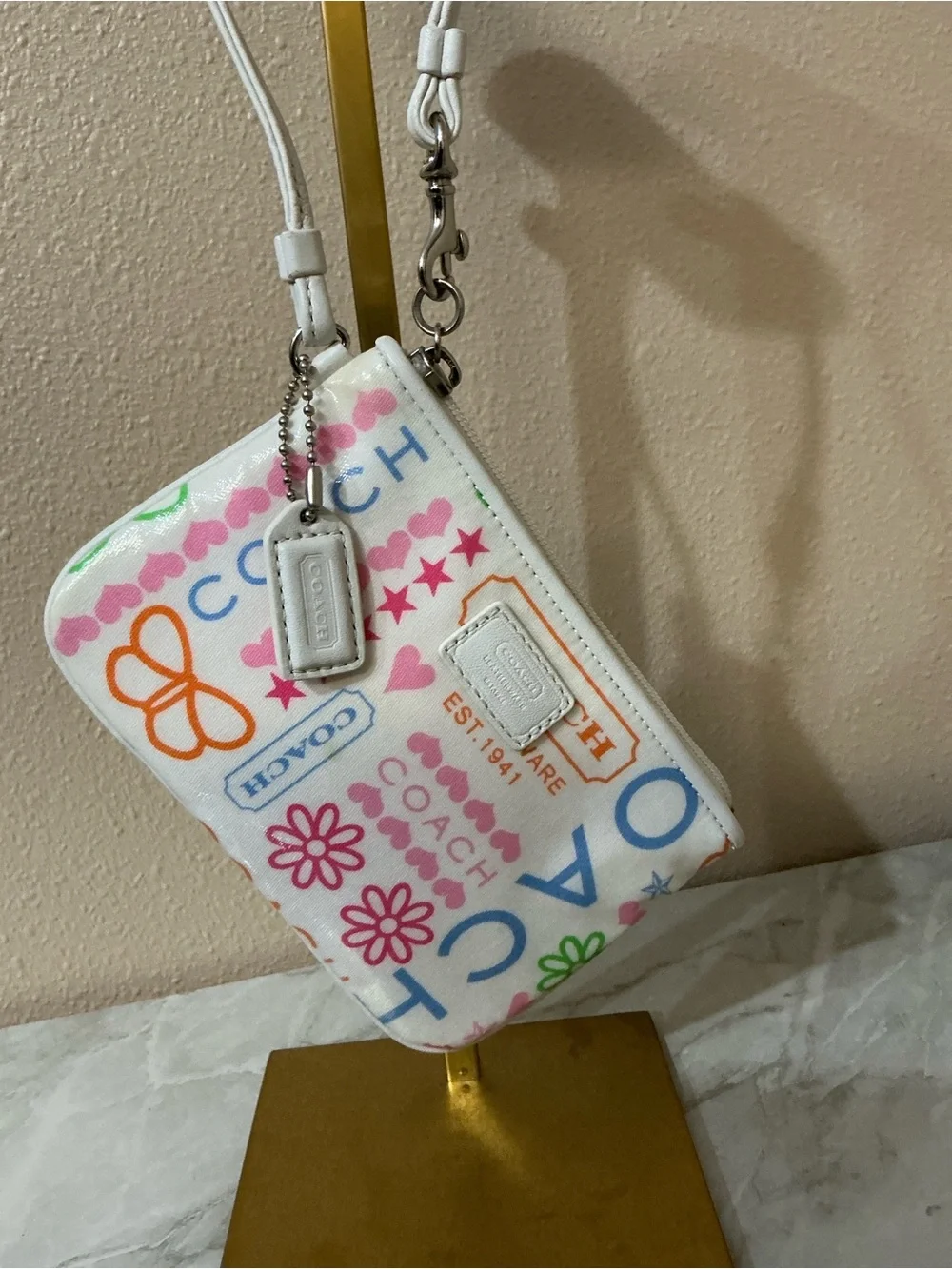 Coach Poppy Wristlet White Coated Canvas With Colorful Floral & Butterfly Print